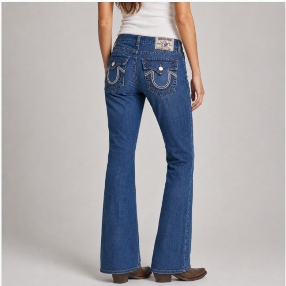 True Religion World Tour Boot Cut Jeans Blue Embroidered Flap Pocket Size 31